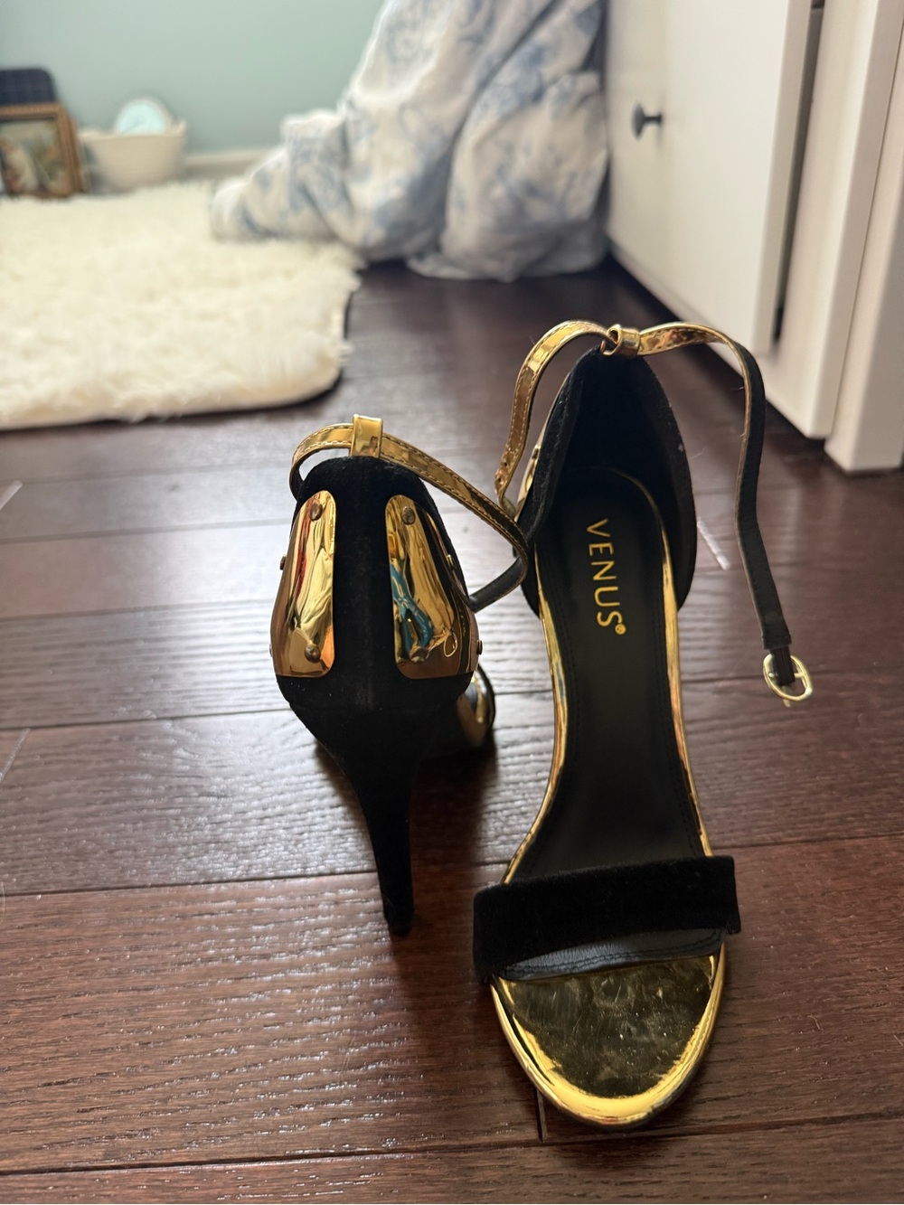 VENUS Black and Gold Open-Toe Ankle-Strap Stiletto Heels